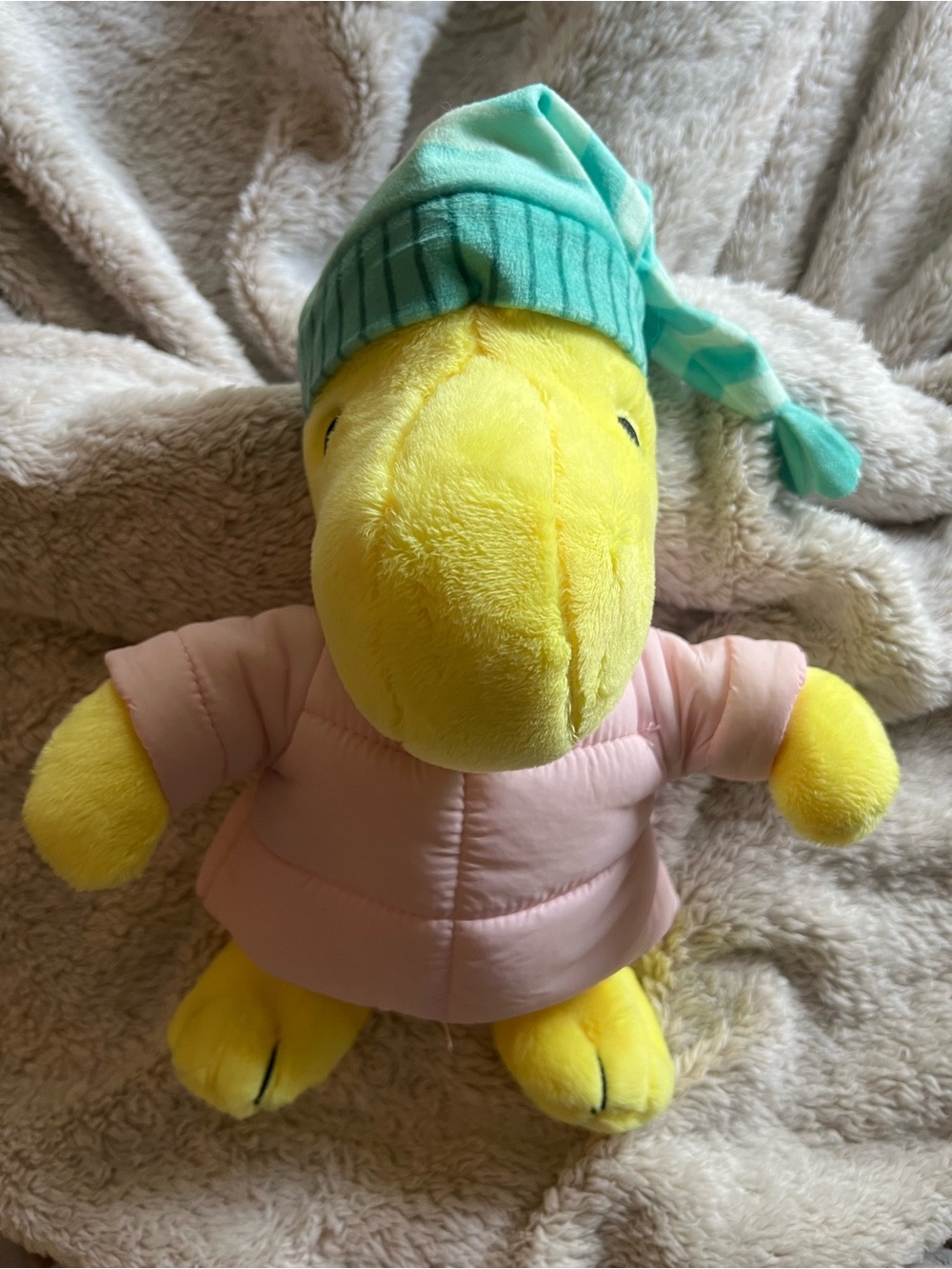Yellow Plush Woodstock Character Toy with Pink Jacket and Mint Green Hat